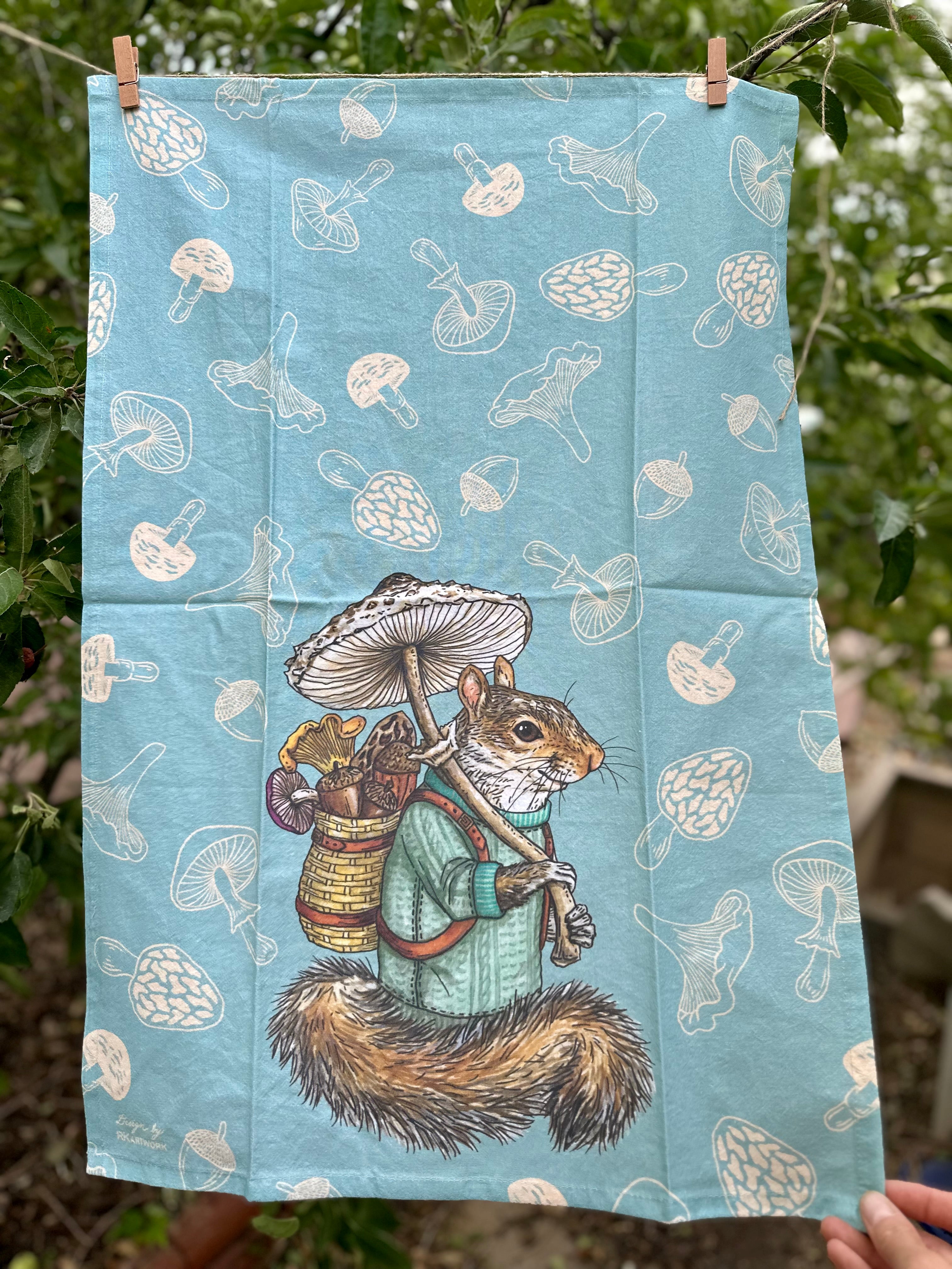 Squirrel + Mushrooms - Tea Towel