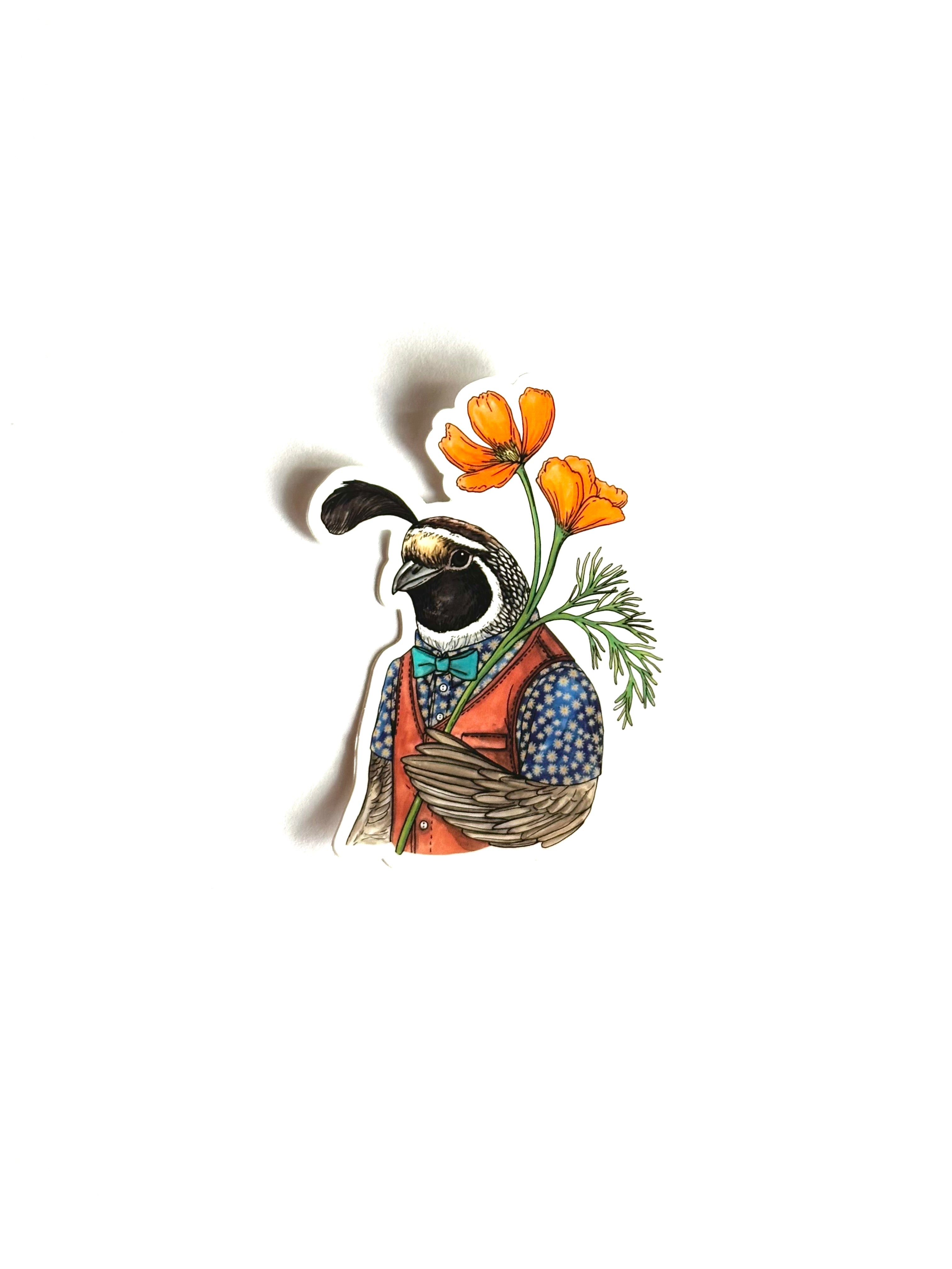 Quail + Poppies - Vinyl Sticker