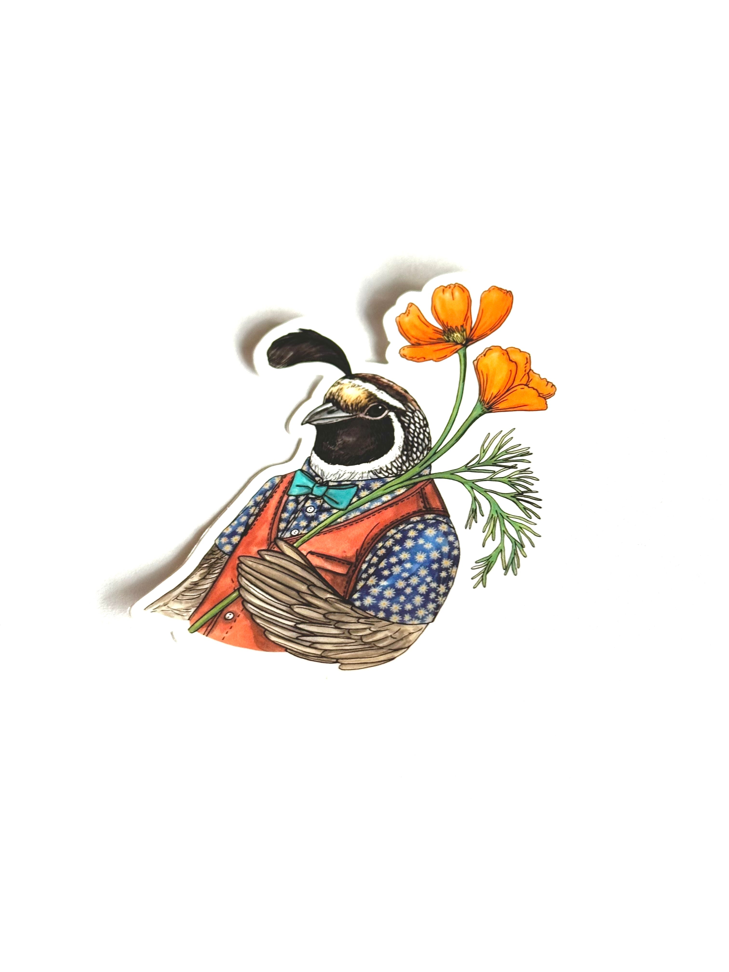 Quail + Poppies - Vinyl Sticker