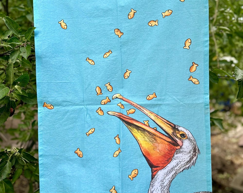 Pelican + Fish Crackers - Snack Attack - Tea Towel
